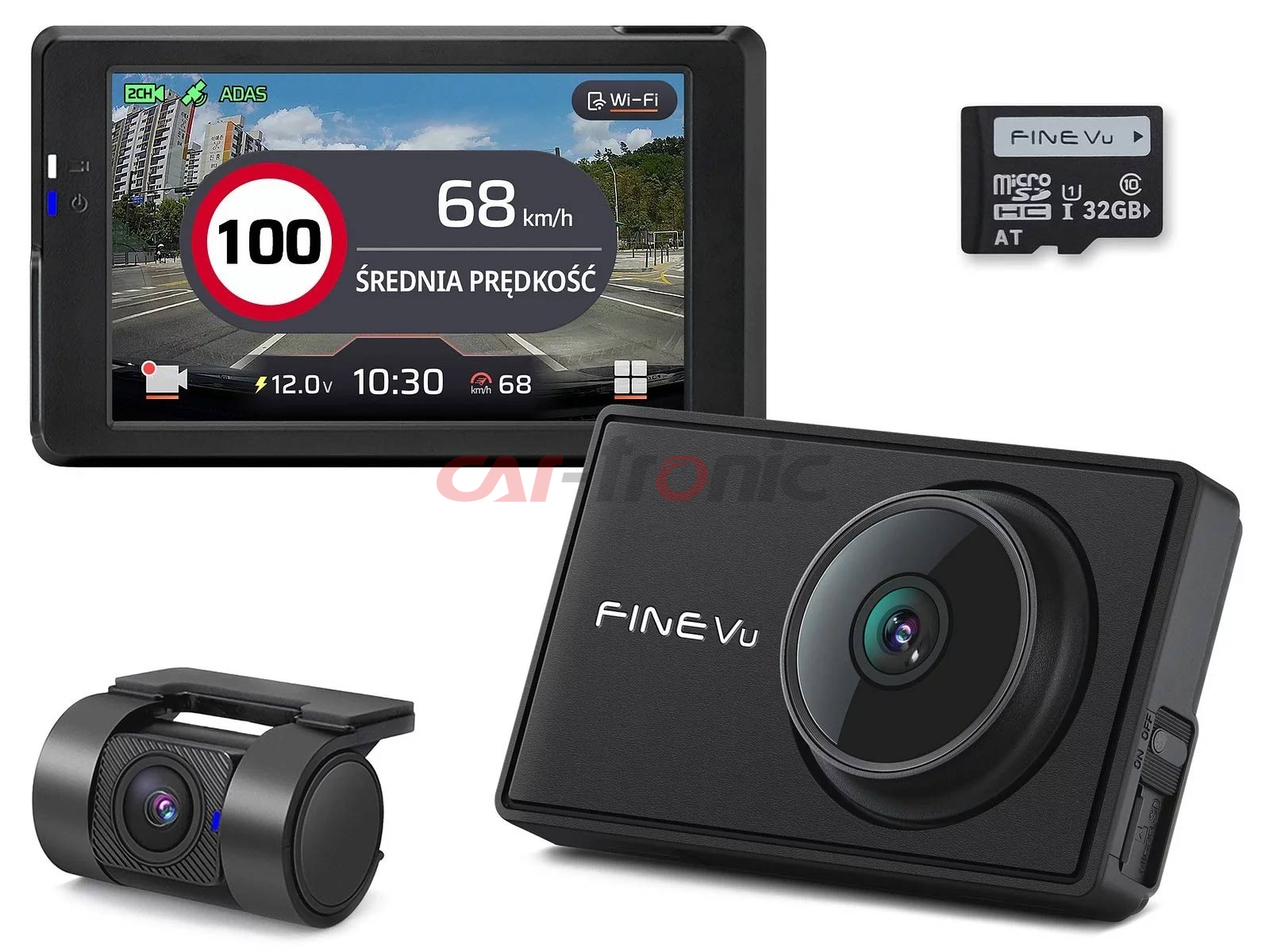 Wideorejestrator FineVu GX7000 - rejestrator QHD+FHD LCD GPS radary, karta 32GB