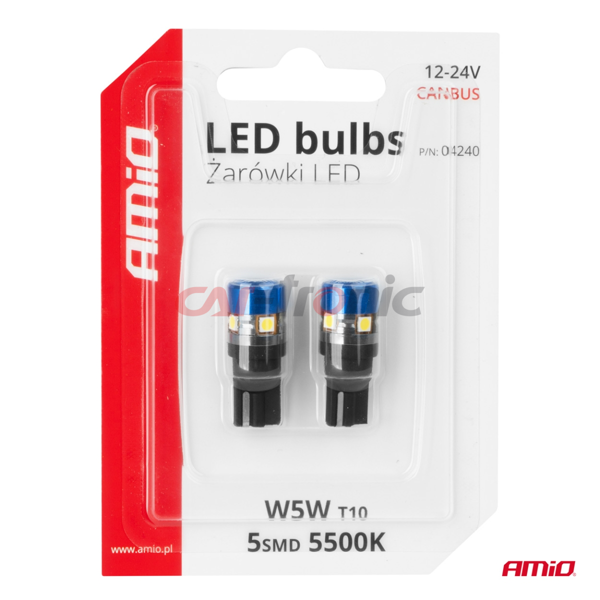 Żarówki LED CANBUS T10 W5W 5SMD 3030 White 12V 24V AMIO-04240