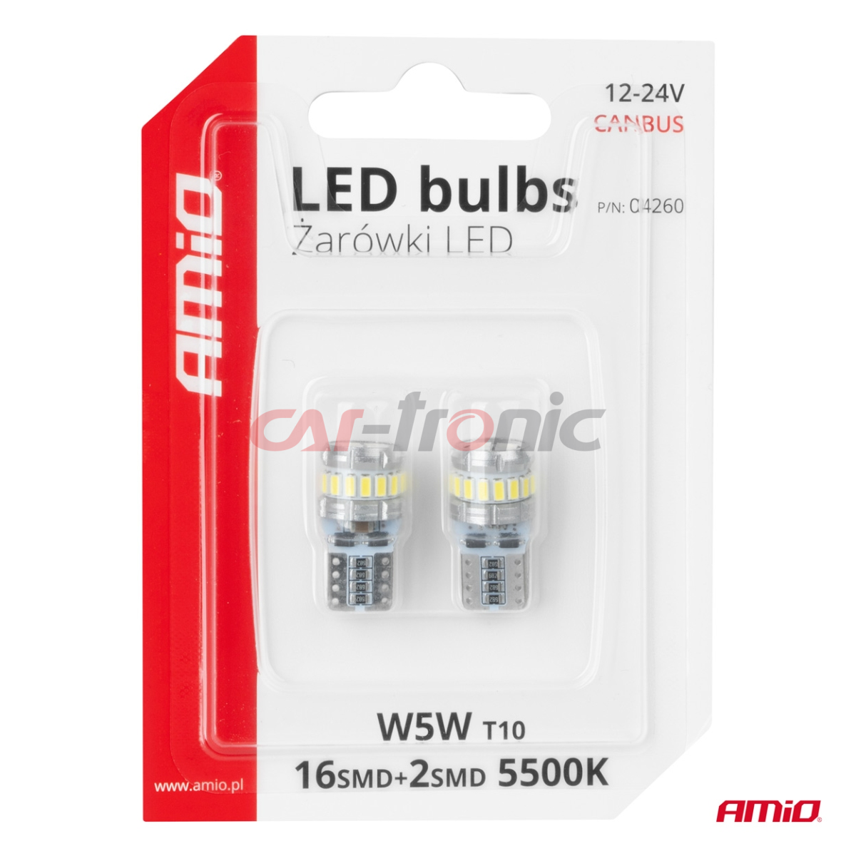 Żarówki LED CANBUS T10 W5W 16SMD 2SMD 3014 3030 White 12V 24V AMIO-04260