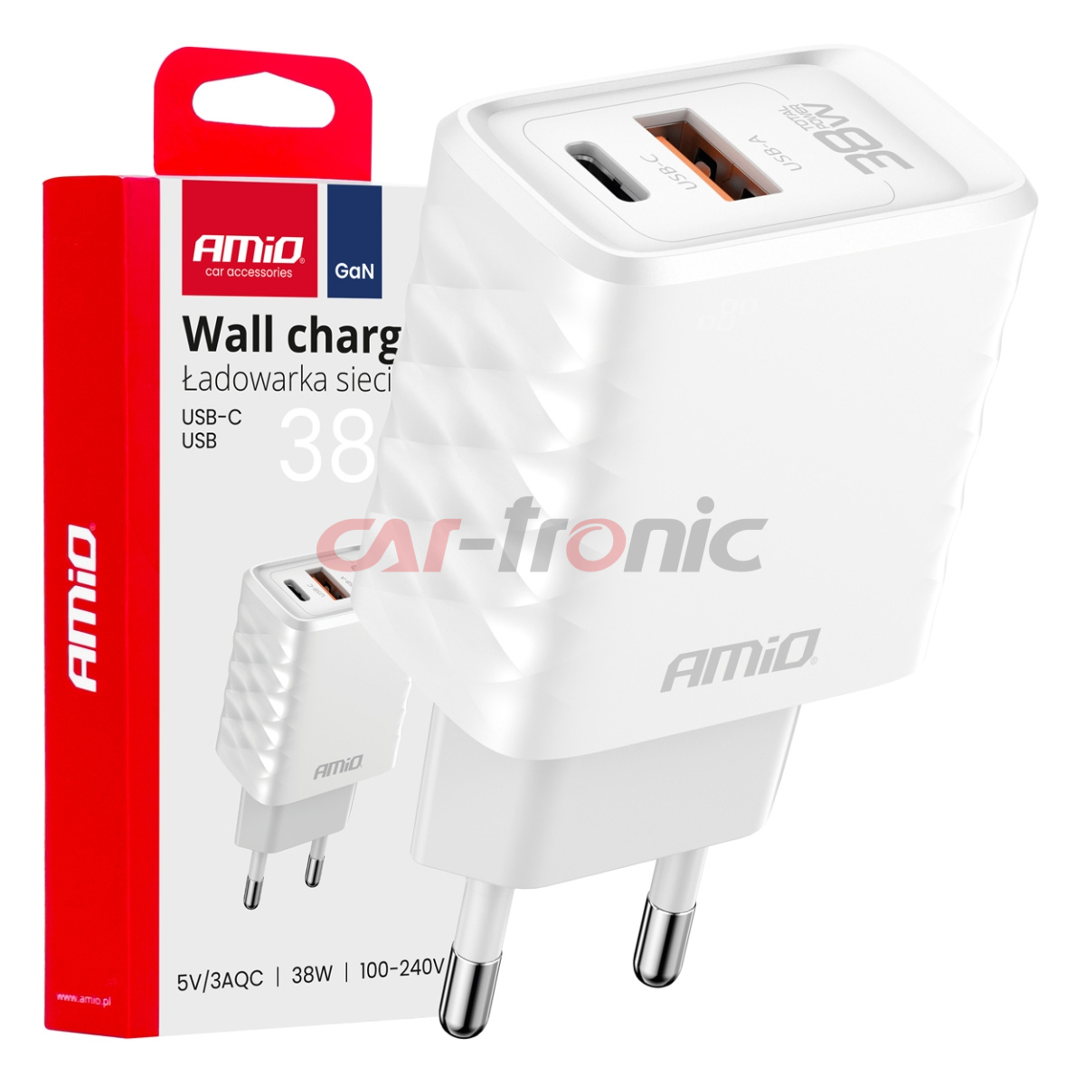 Ładowarka sieciowa Quick Charge GaN 38W USB-A + USB-C AMIO-04287