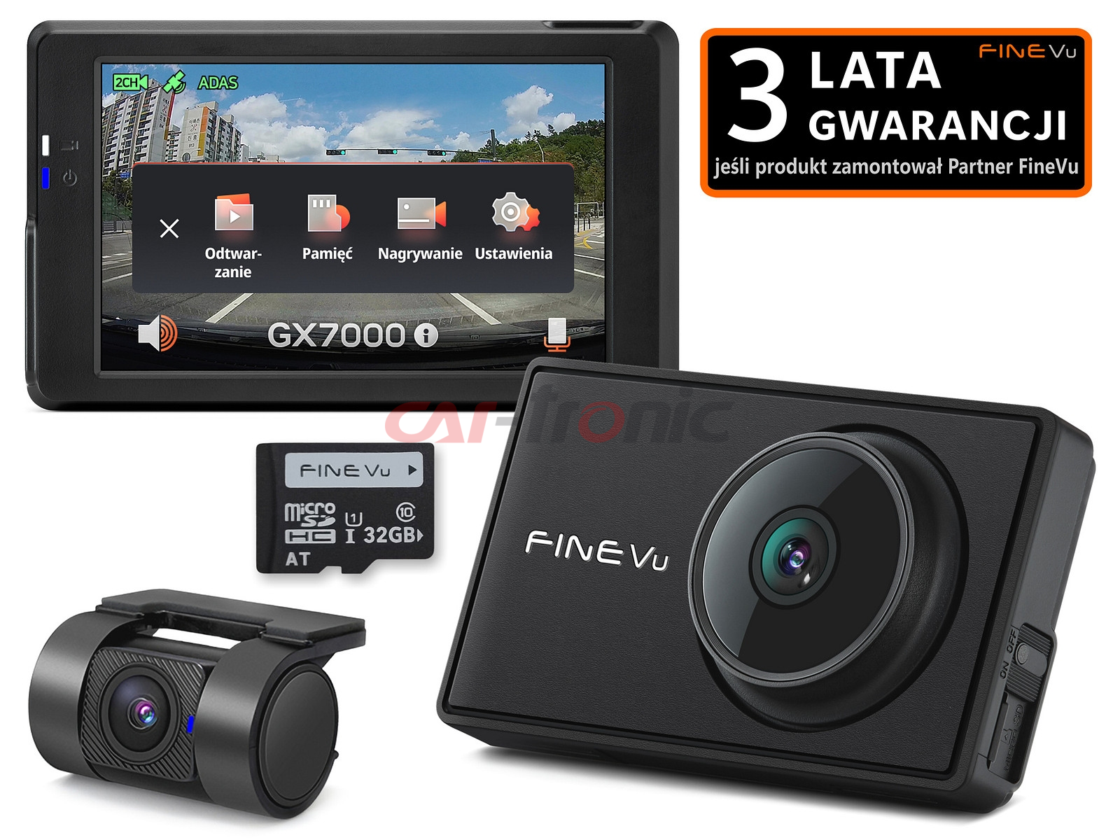 Wideorejestrator FineVu GX7000 - rejestrator QHD+FHD LCD GPS radary, karta 32GB