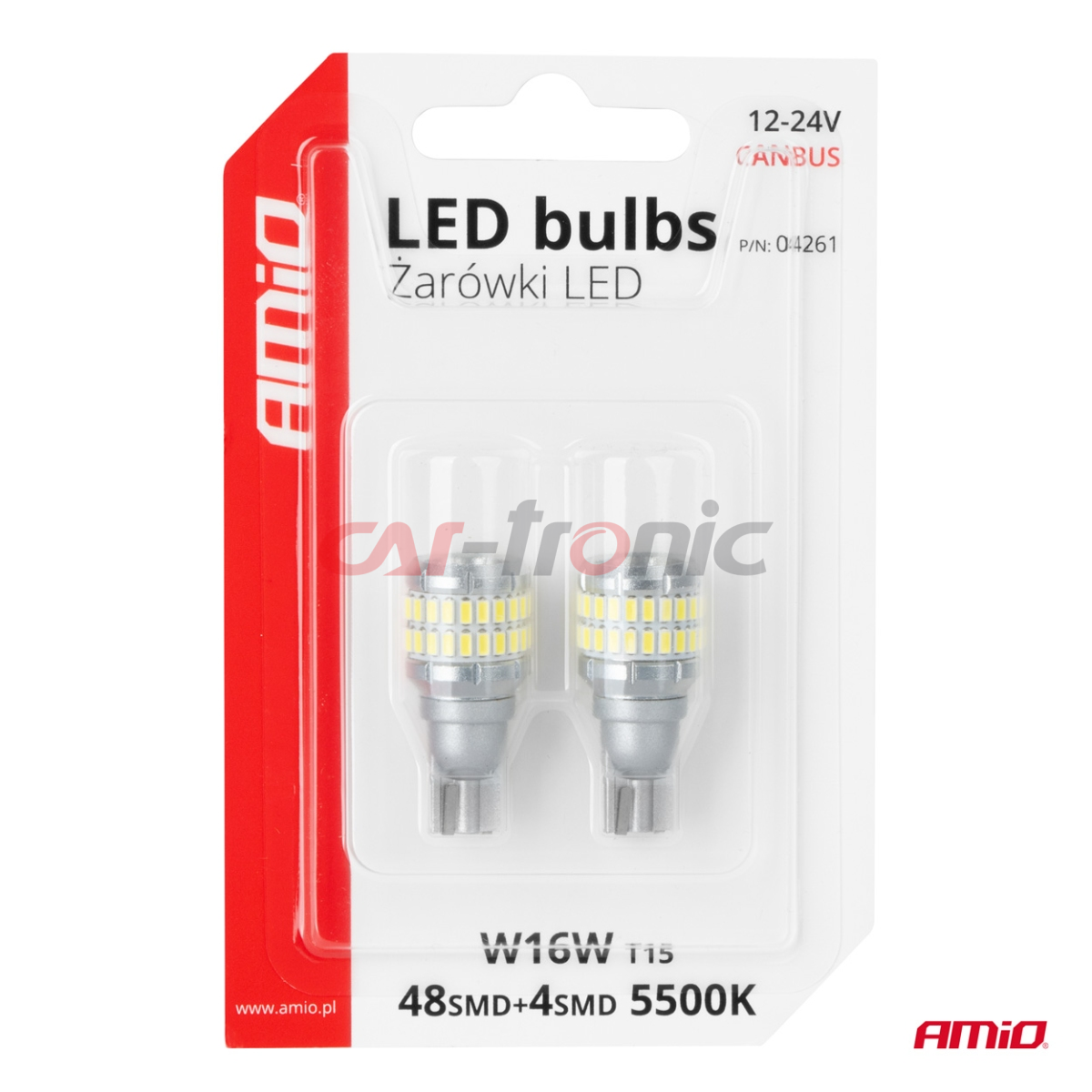 Żarówki LED CANBUS T15 W16W 48SMD 4SMD 3014 3030 White 12V 24V AMIO-04261