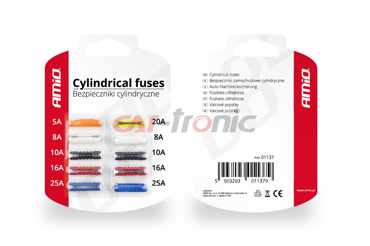 Bezpieczniki samochodowe cylindryczne 10szt.