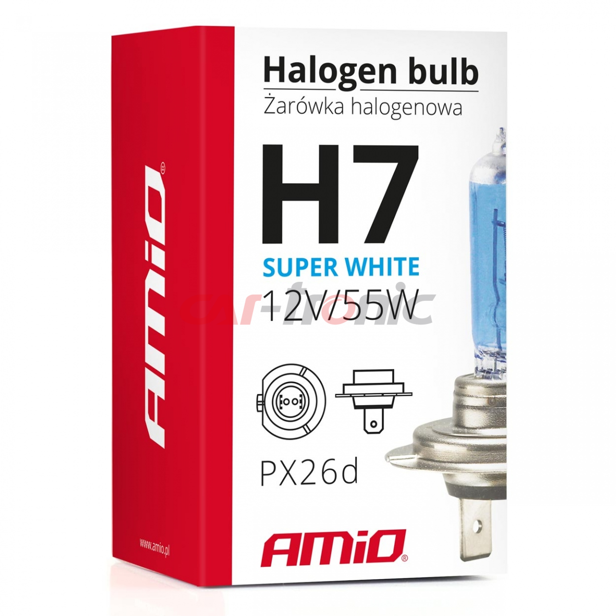 Żarówka halogenowa H7 12V 55W filtr UV (E8) Super White AMIO-01157