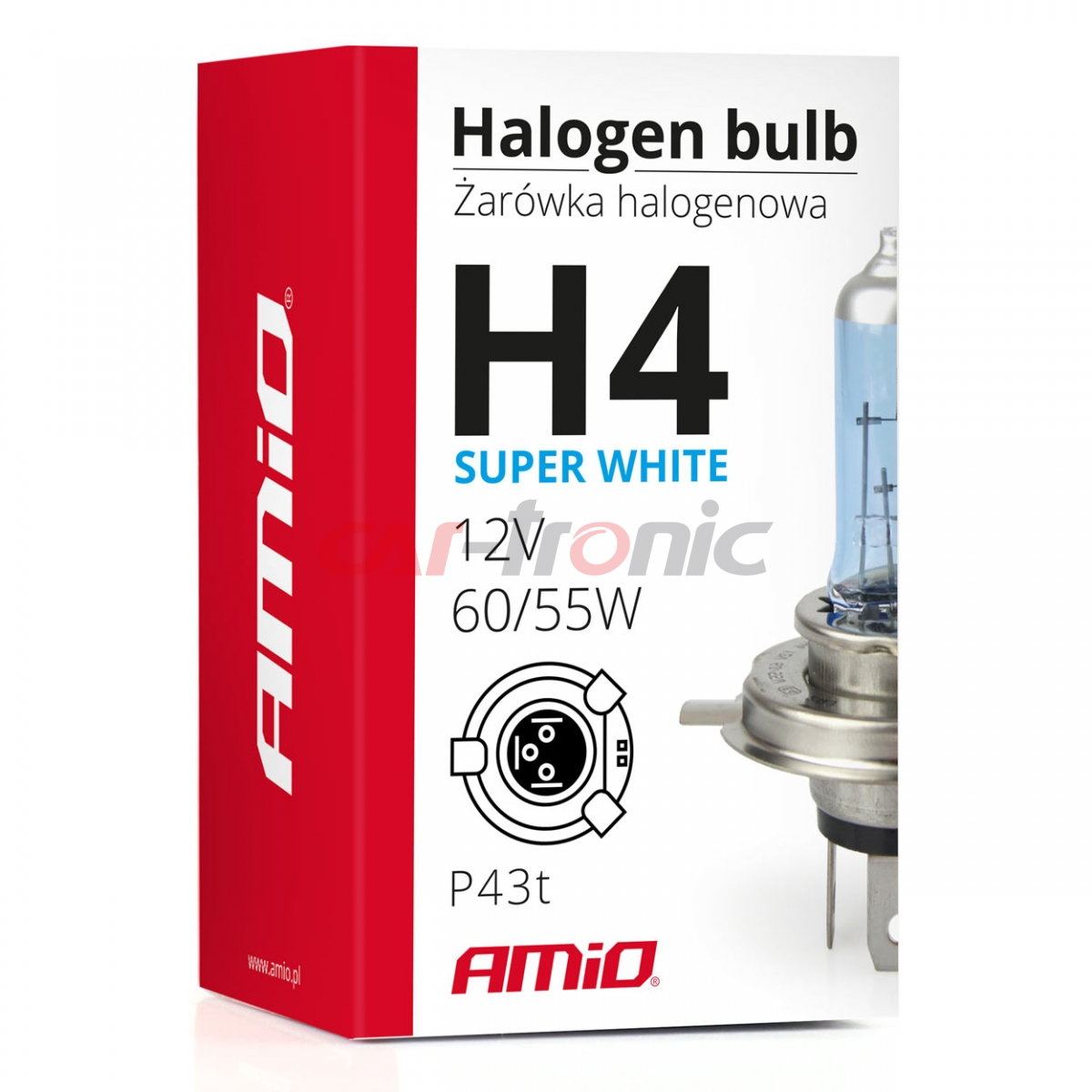 Żarówka halogenowa H4 12V 60/55W filtr UV (E8) Super White AMIO-01269