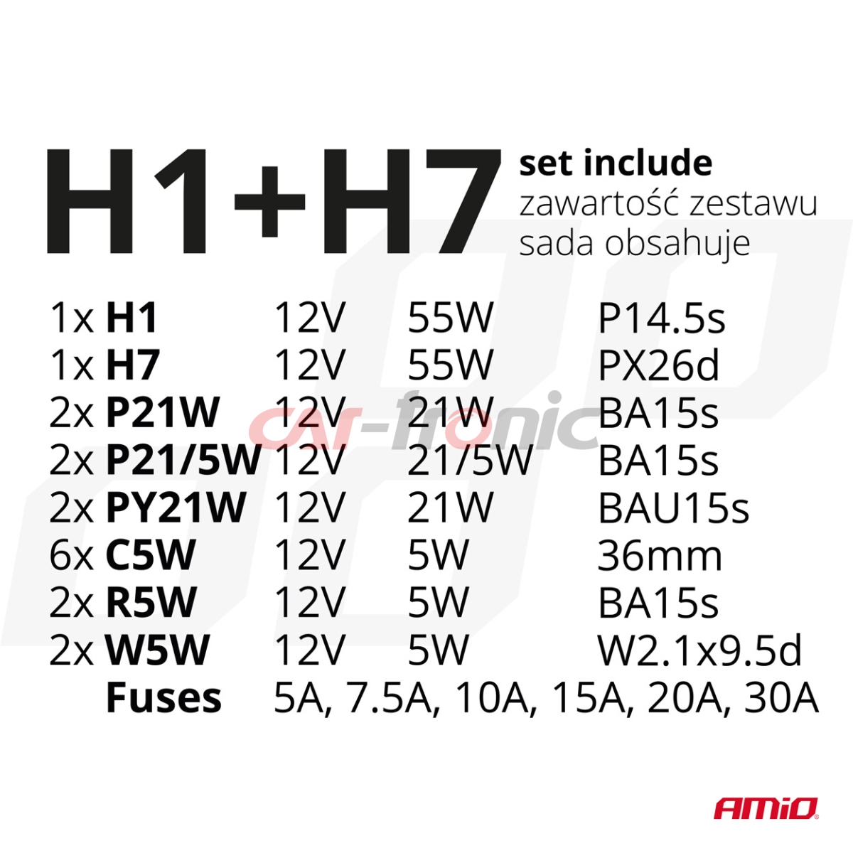 Zestaw zasobnik komplet żarówek zapasowych bezpieczniki 30 szt. H7 + H1 AMIO-03960