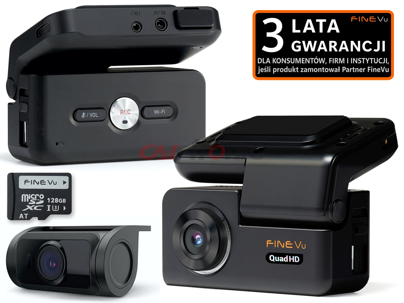 Wideorejestrator FineVu GX300 QHD+FHD WiFi GPS Fotoradary, karta 128 GB