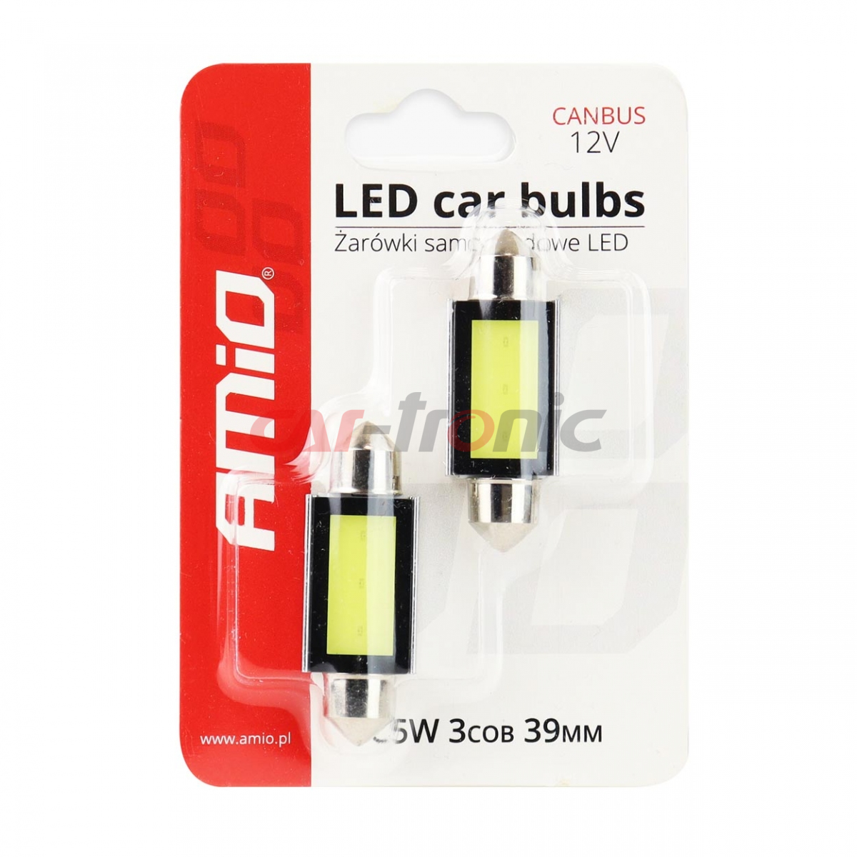 Żarówki LED CANBUS COB3 Festoon C5W C10W C3W 39mm White 12V AMIO-01640