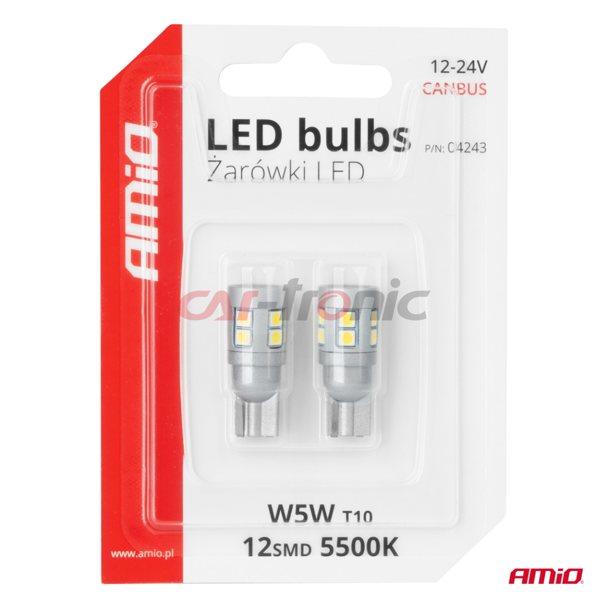 Żarówki LED CANBUS T10 W5W 12 SMD 3030 White 12V 24V AMIO-04243