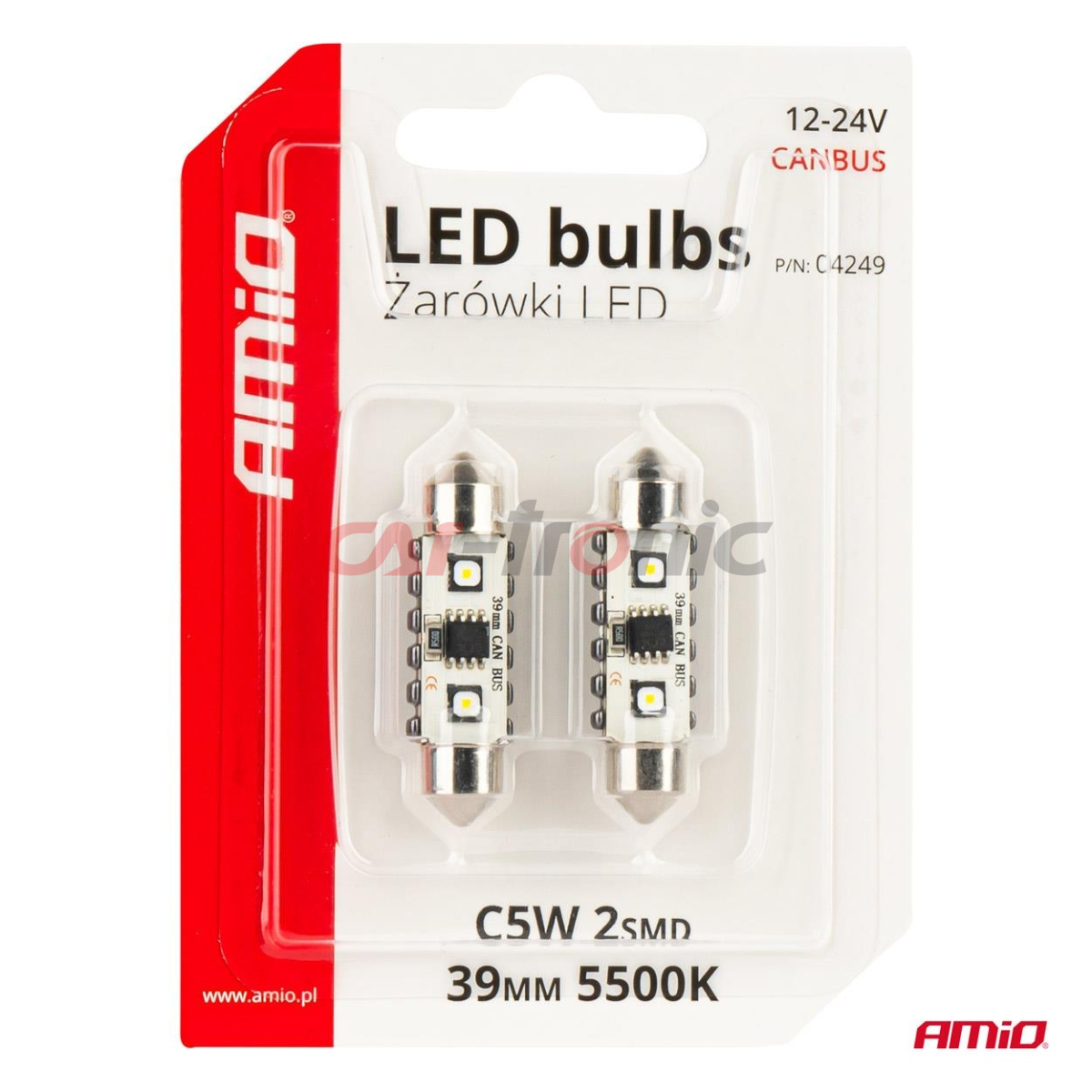 Żarówki LED CANBUS Festoon C5W 2SMD 3838 39mm White 12V 24V AMIO-04249