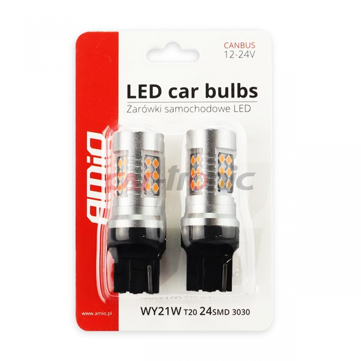 Żarówki LED CANBUS 3030 24SMD T20 WY21W Pomarańczowa Amber 12V 24V AMIO-02393