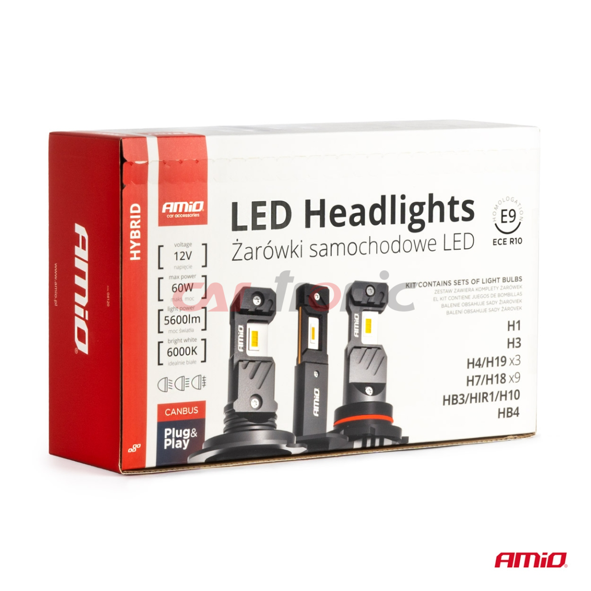 Żarówki samochodowe LED seria HYBRID H1 H3 H4 H7 HB3 HB4 6000K Canbus 16 kpl. AMIO-04120