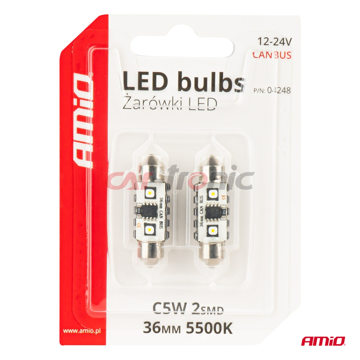 Żarówki LED CANBUS Festoon C5W 2SMD 3838 36mm White 12V 24V AMIO-04248