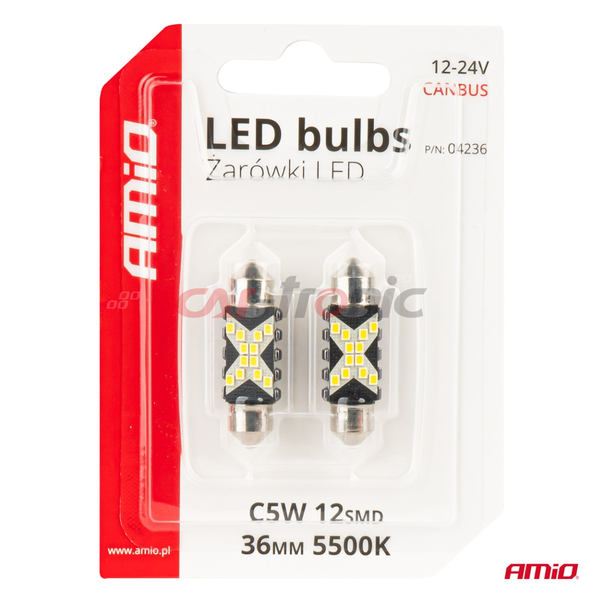 Żarówki LED CANBUS Festoon C5W 12SMD 2016 36mm White 12V 24V AMIO-04236