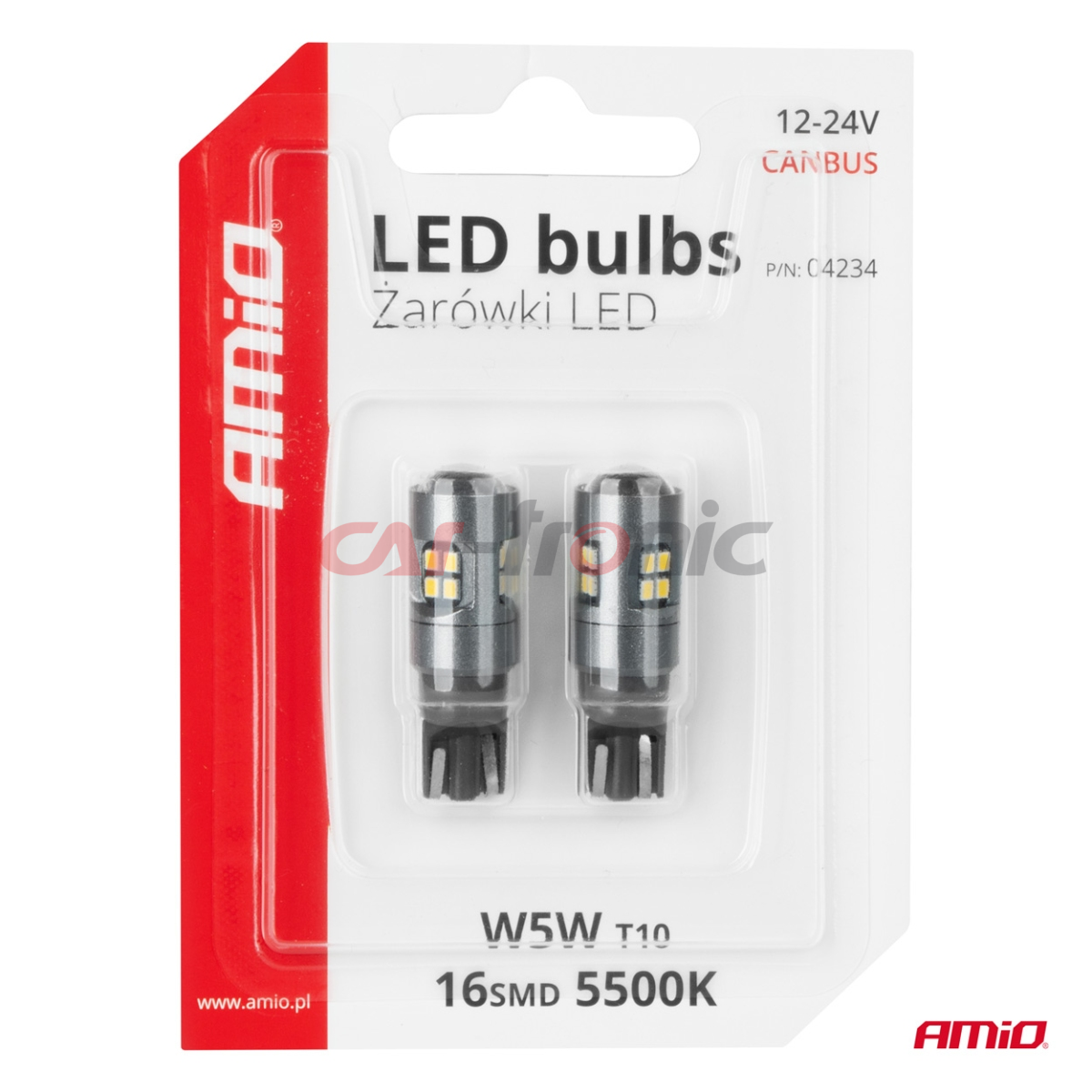 Żarówki LED CANBUS T10 W5W 16SMD 2016 White 12V 24V AMIO-04234