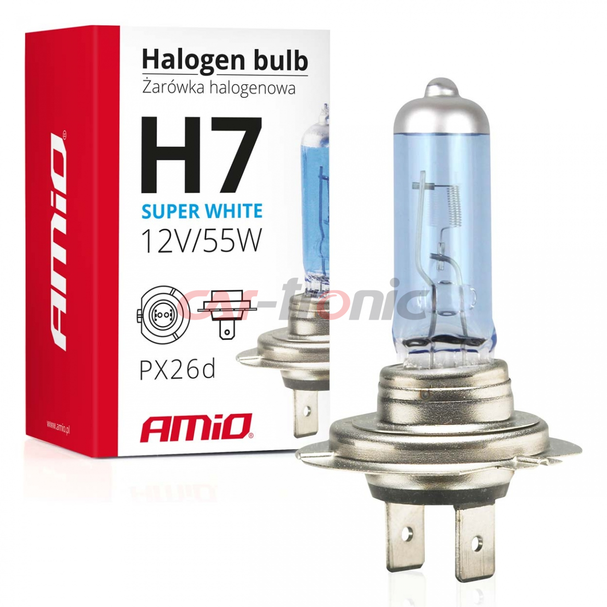 Żarówka halogenowa H7 12V 55W filtr UV (E8) Super White AMIO-01157