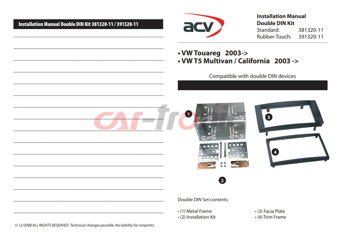 Ramka radiowa 2 DIN VW Multivan 2003-> VW Touareg 2003->, VW Transporter T5