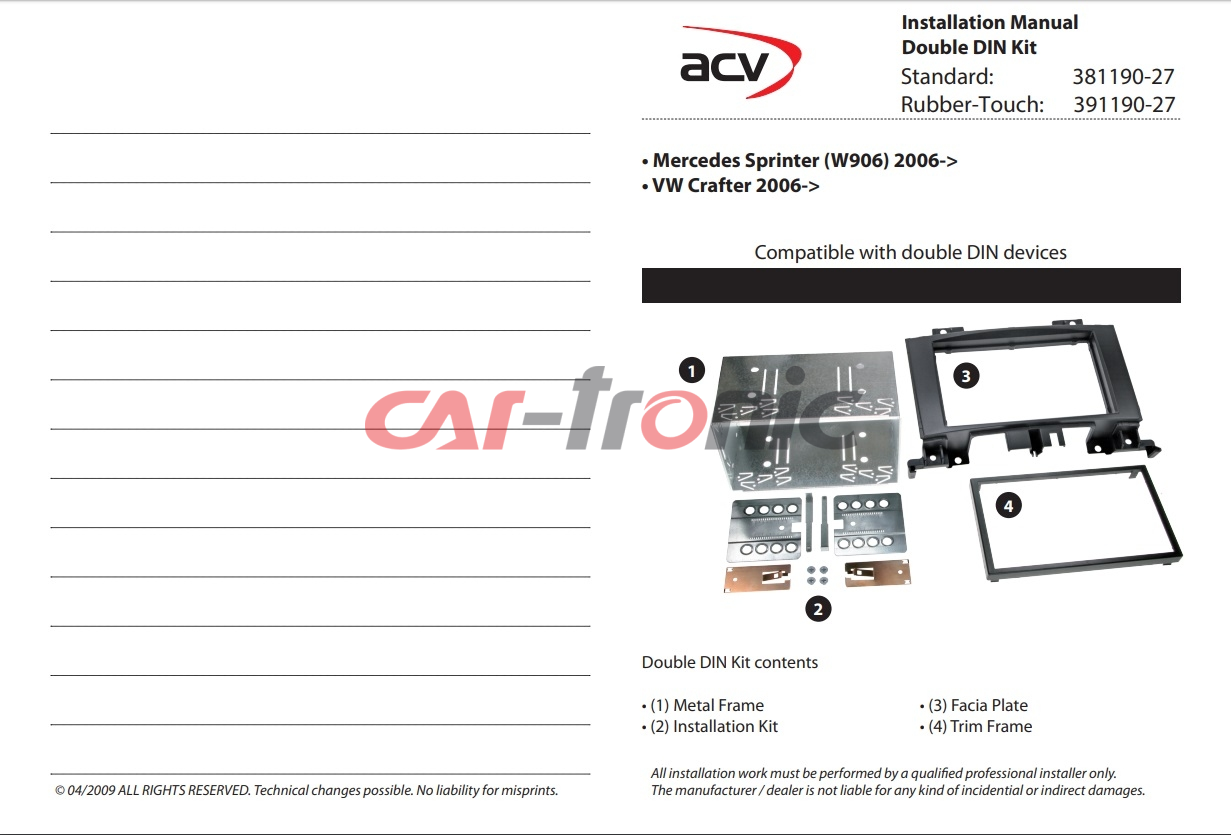 Ramka radiowa 2 DIN Mercedes Sprinter (W906)  04/2006->,VW Crafter 04/2006-> Rubber Touch