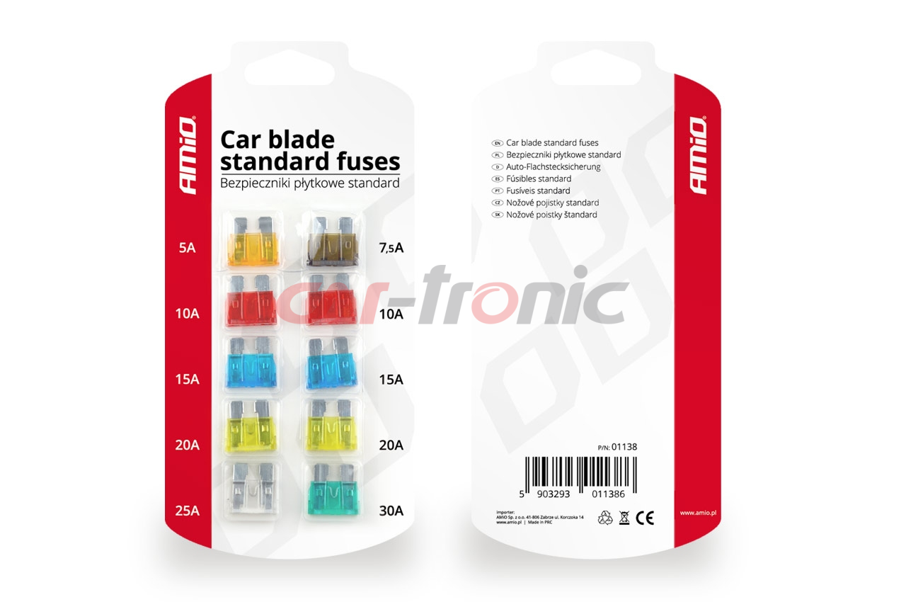 Bezpieczniki samochodowe płytkowe standard zestaw komplet 10 szt. AMIO-01138