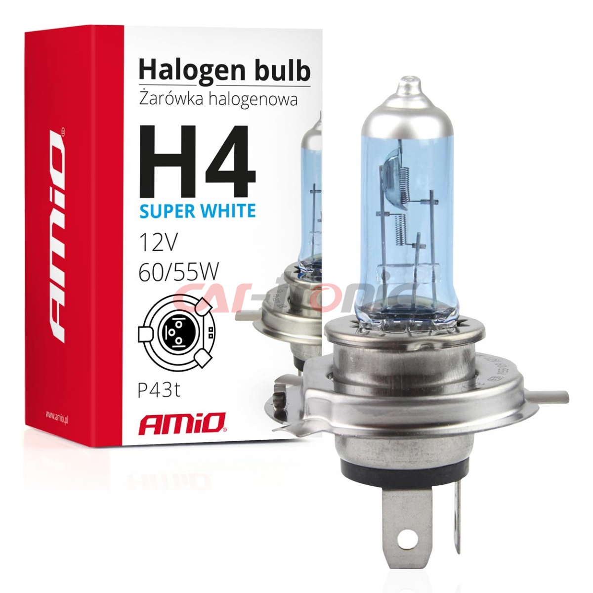 Żarówka halogenowa H4 12V 60/55W filtr UV (E8) Super White AMIO-01269