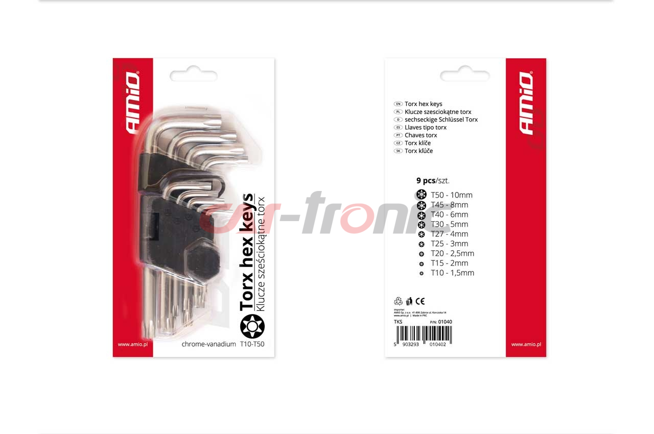 Klucze TORX krótkie CRV 9 szt. AMIO-01040