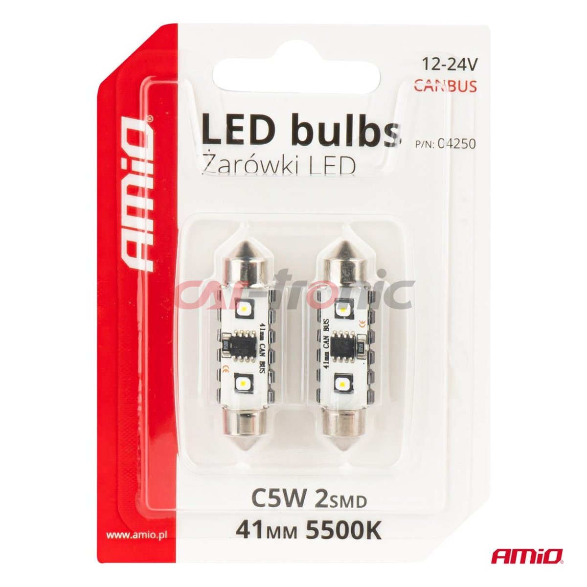 Żarówki LED CANBUS Festoon C5W 2SMD 3838 41mm White 12V 24V AMIO-04250