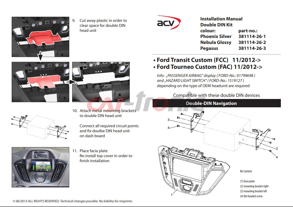 Ramka radiowa 2 DIN Ford Transit Custom (FCC) 11/2012->, Tourneo (FAC) 11/2012-> phoenix silver