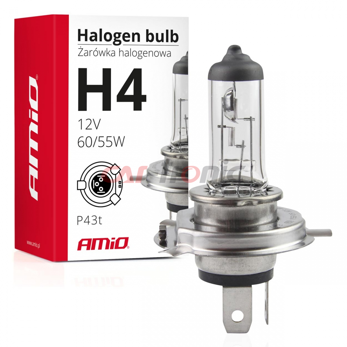 Żarówka halogenowa H4 12V 60/55W filtr UV (E8) AMIO-01268