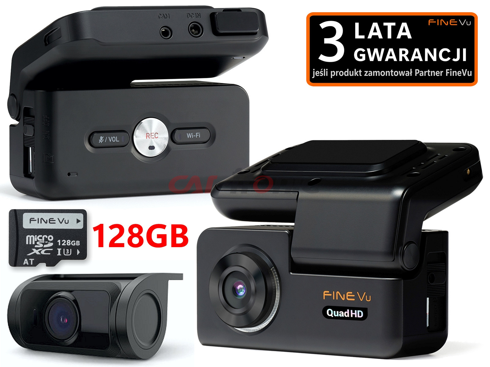 Wideorejestrator FineVu GX300 QHD+FHD WiFi GPS Fotoradary, karta 128 GB