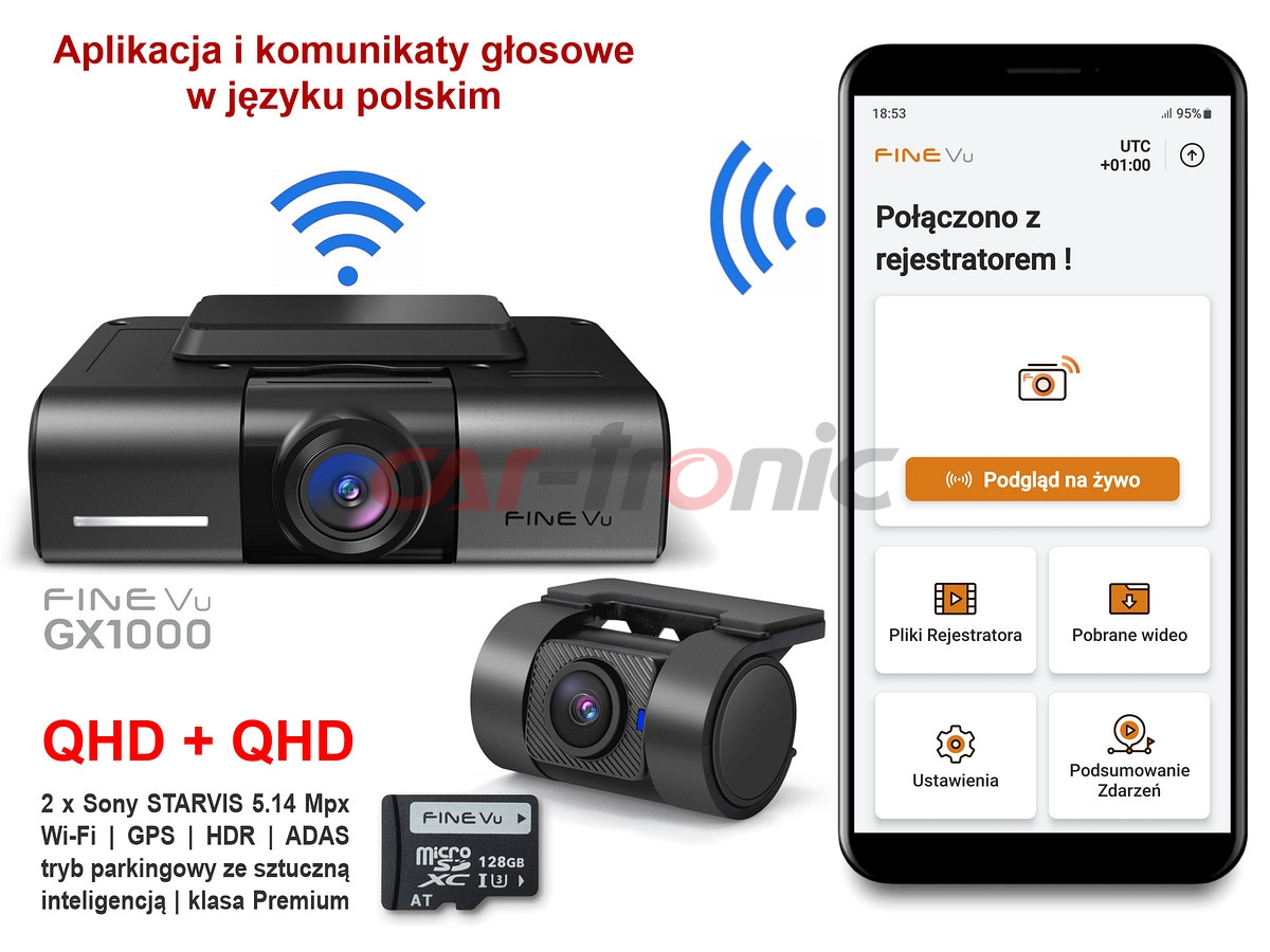 Wideorejestrator FineVu GX1000, QHD+QHD, Sony Starvis, HDR, WiFi, GPS, Fotoradary, karta 128 GB