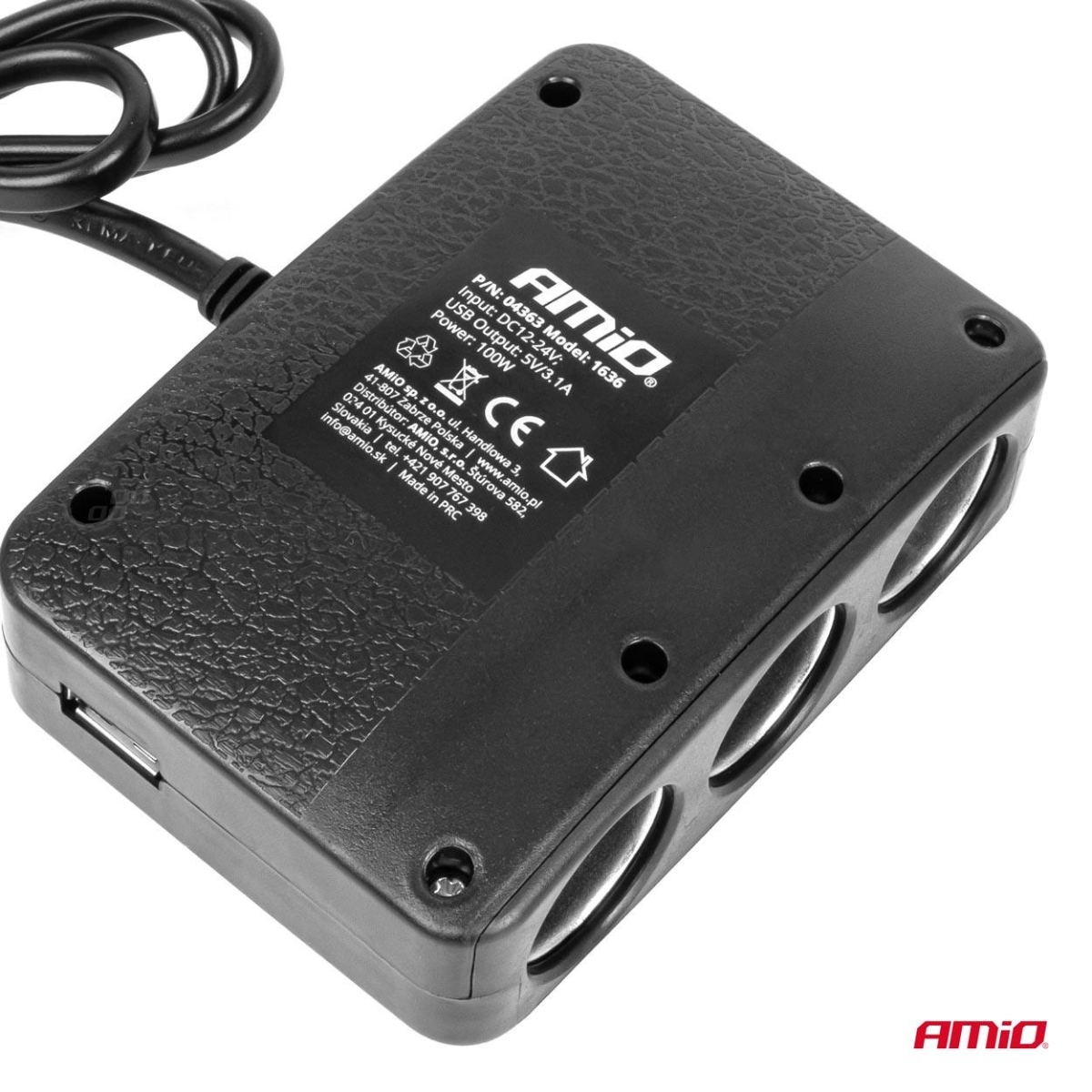 Rozdzielacz gniazda zapalniczki z ładowarką 2x USB-A ON/OFF LED 12V 24V 100W 70cm AMIO-04363