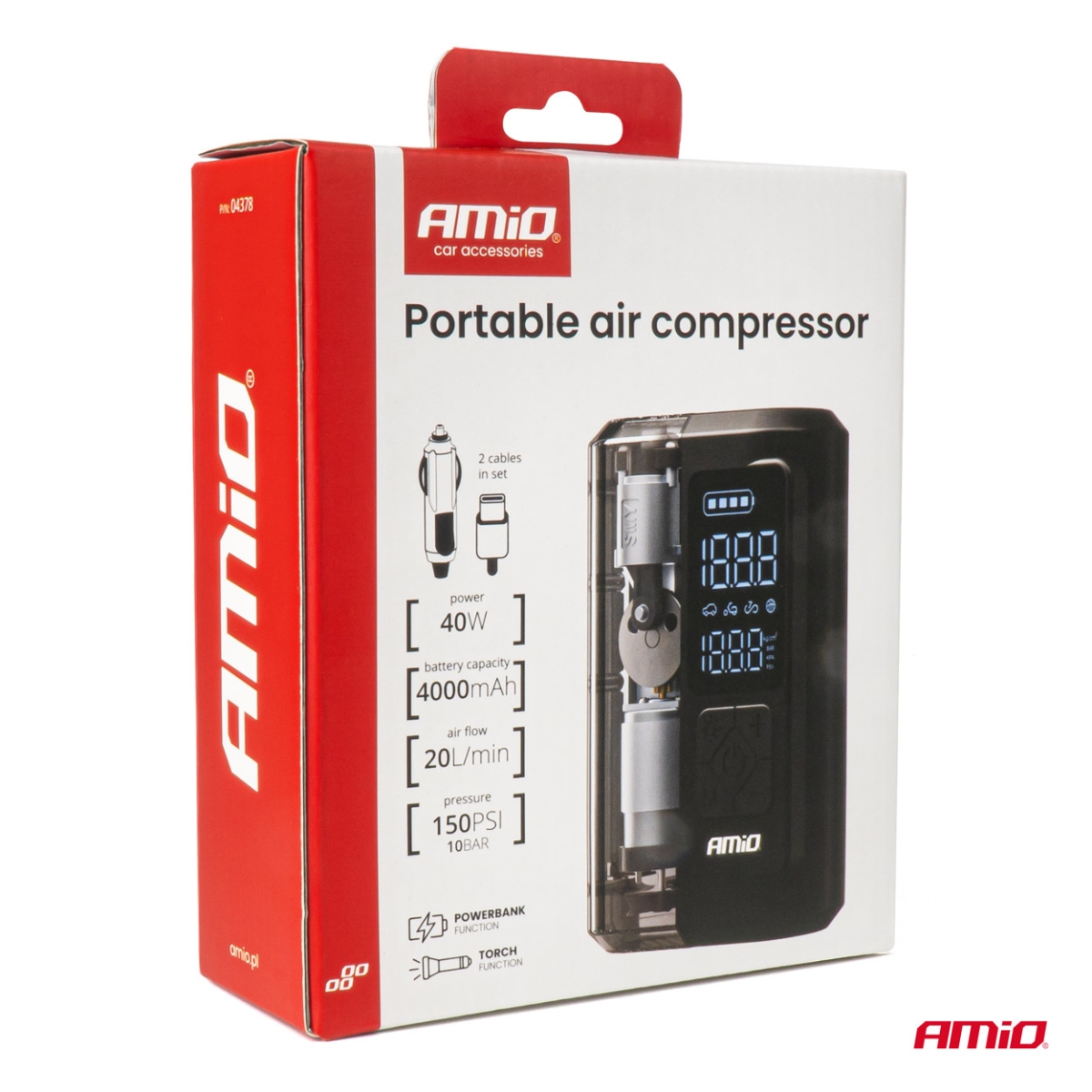Kompresor samochodowy bezprzewodowy akumulatorowy powerbank LED USB-C 40W AMIO-04378