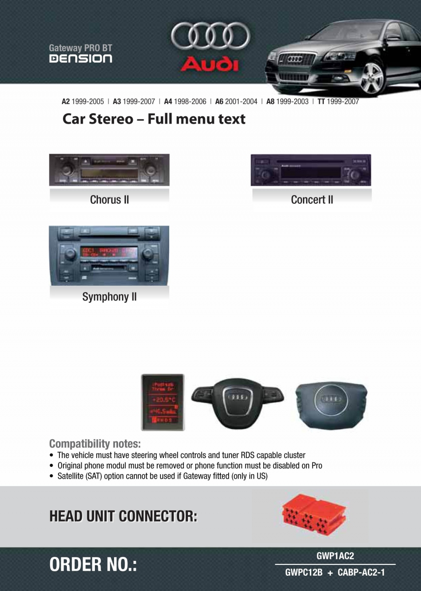 Dension Pro BT,AUX,USB,iPod,iPhone,ID3 - Audi A4,A3,A6,A8,TT