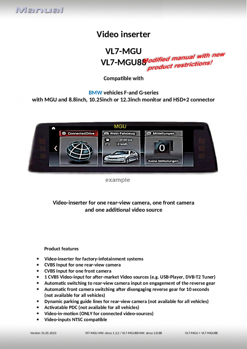 Adapteri BMW MGU:lle, HSD+2 peruutuskameralle