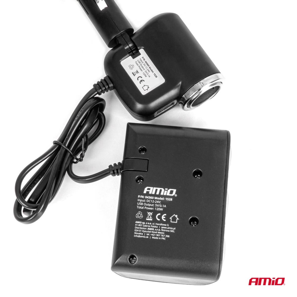 Rozdzielacz gniazda zapalniczki z ładowarką i żarnikiem 12V 24V 120W 80cm AMIO-04360