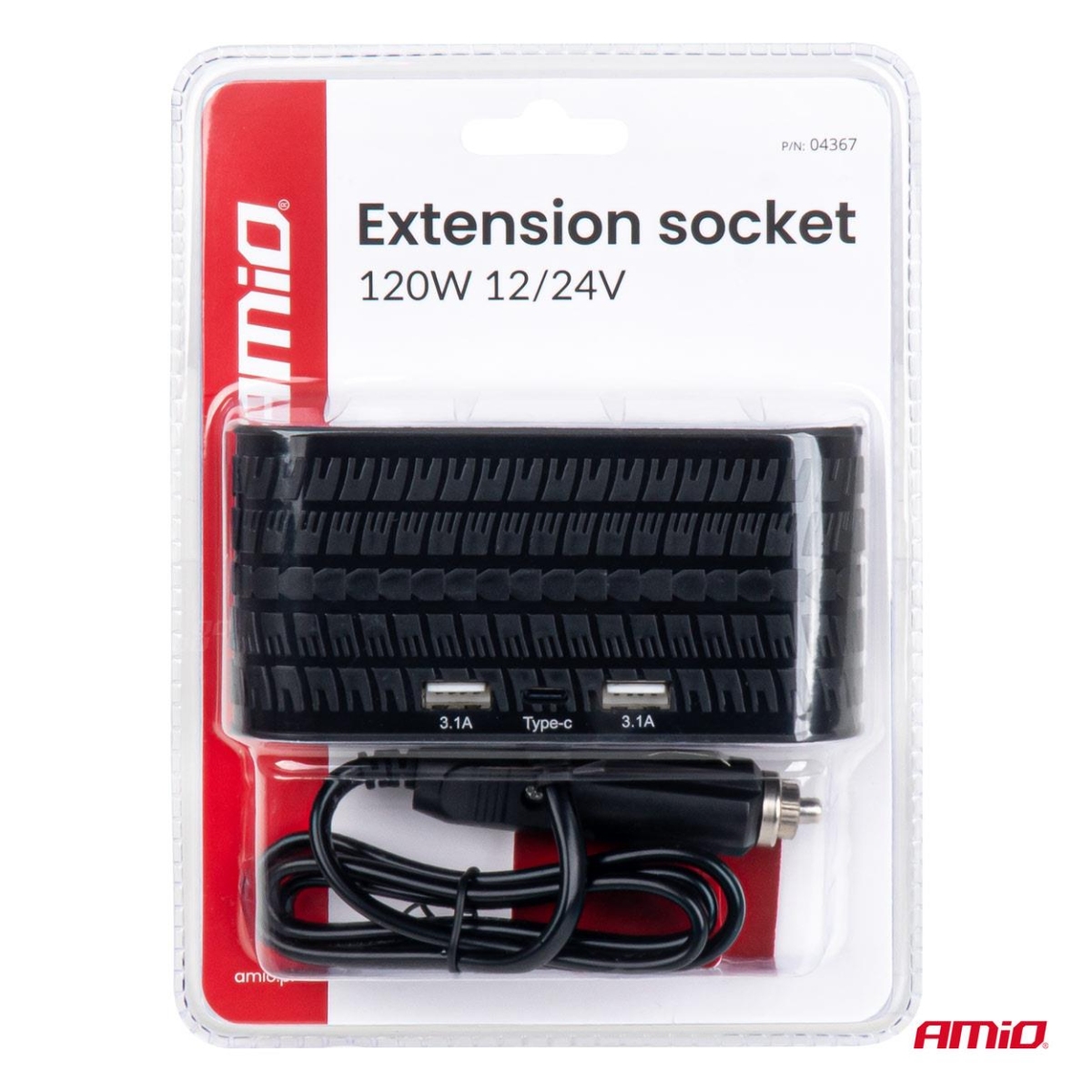 Tupakansytytinpistokkeen jakaja laturilla 2x USB-A 1x USB-C 12V 24V 120W 80cm AMIO-04367