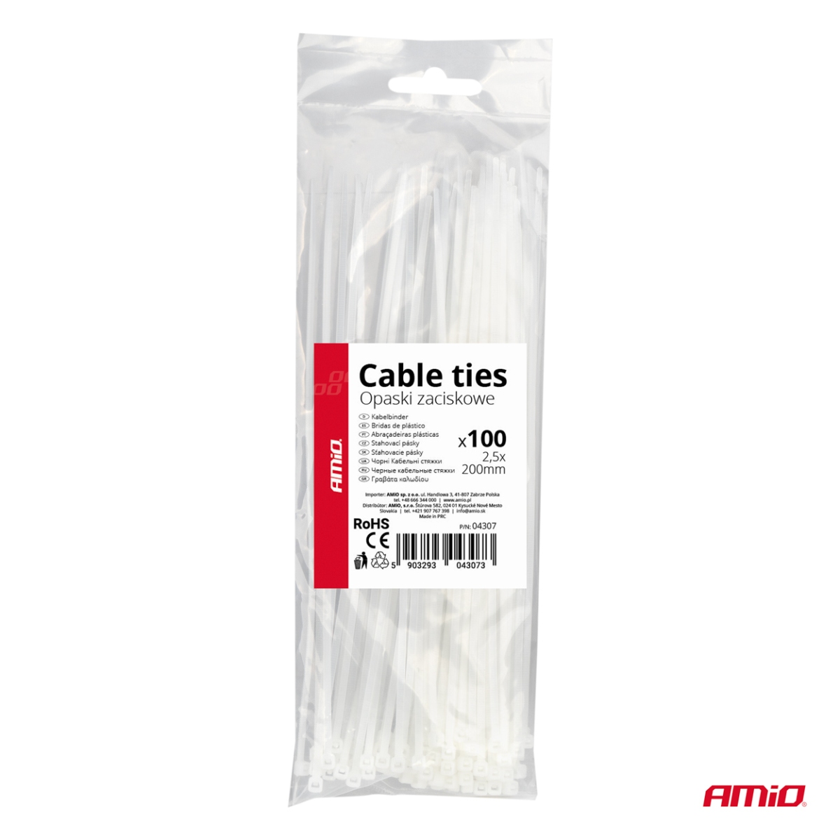 Valged kaablisidemed 2,5 × 200 mm 100 tk AMIO-04307