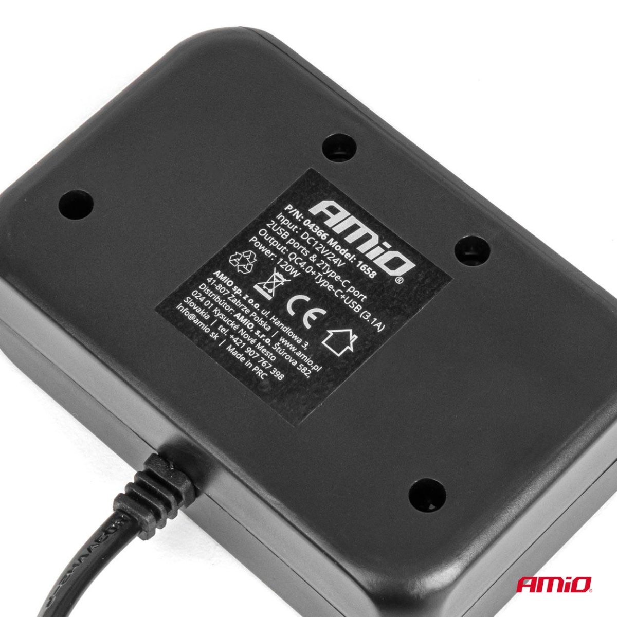 Rozdzielacz gniazda zapalniczki z ładowarką 2x USB-A 1x USB-C QC4.0 12V 24V 120W 80cm AMIO-04366