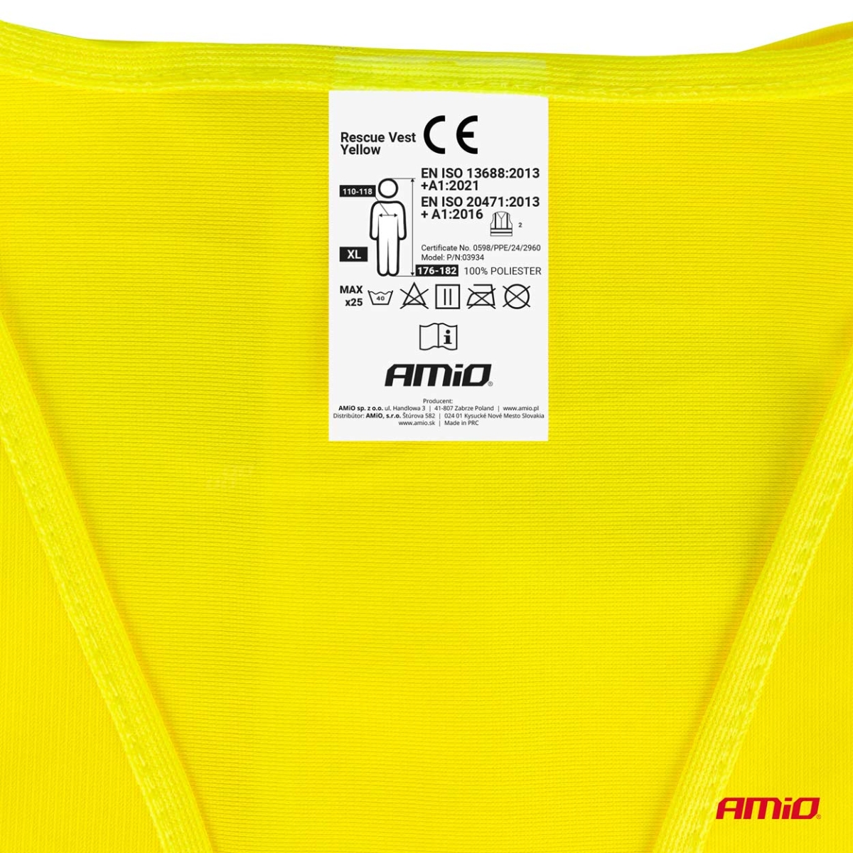 Gul refleks-advarselsvest XL med AMIO-03934 certifikat