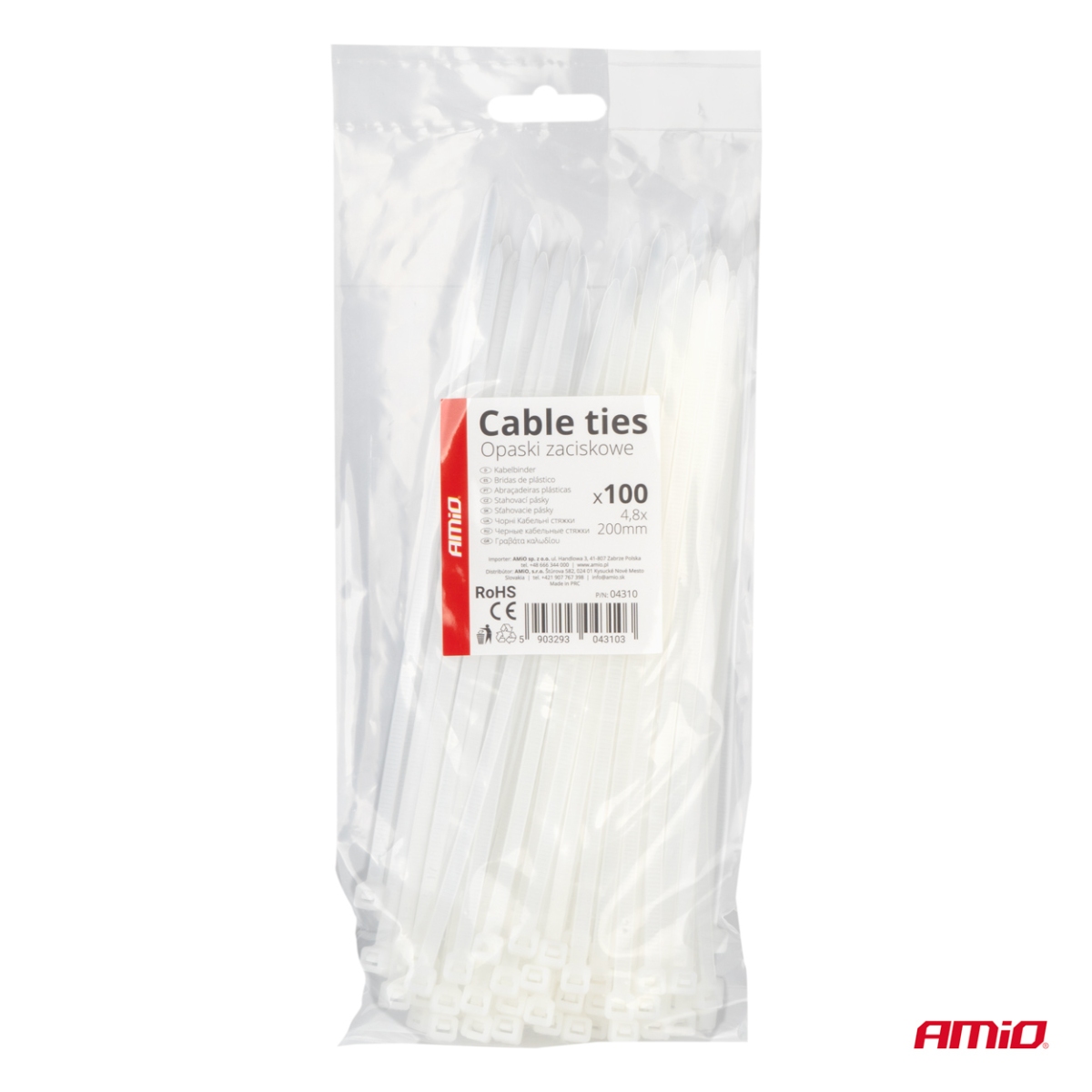 Fehér kábelkötegelők 4,8×200 mm 100 db AMIO-04310