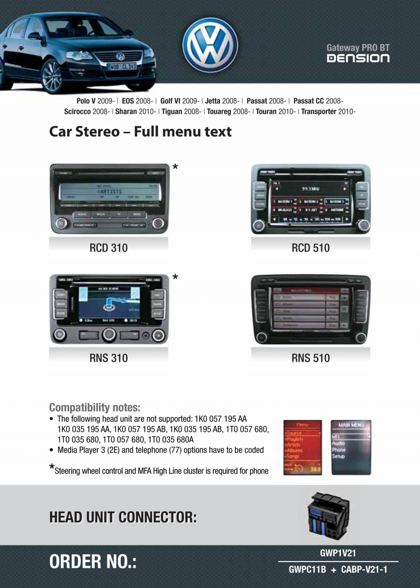 Dension Pro BT,AUX,USB,iPod,iPhone,ID3 - VW Skoda RCD310/510