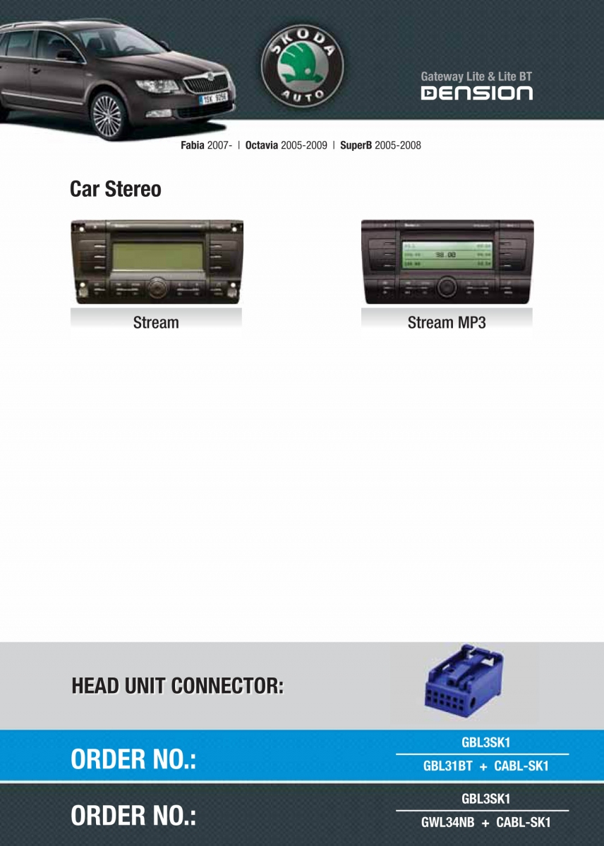 Cyfrowa zmieniarka Dension Bluetooth,USB,iPod,iPhone,AUX - Skoda Fabia, Octavia Stream
