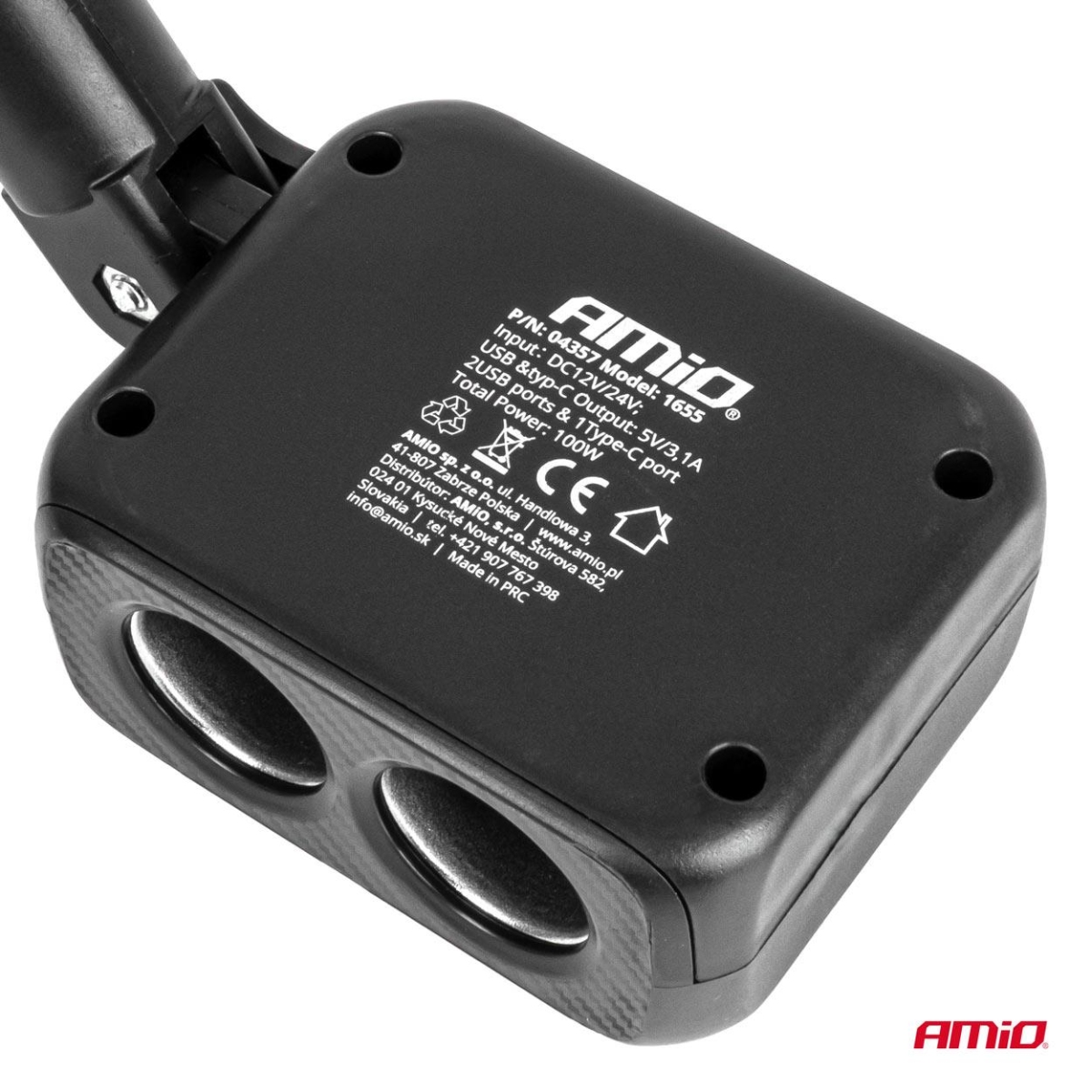 Rozdzielacz gniazda zapalniczki z ładowarką 2x USB-A 1x USB-C 12V 24V 100W 180° AMIO-04357