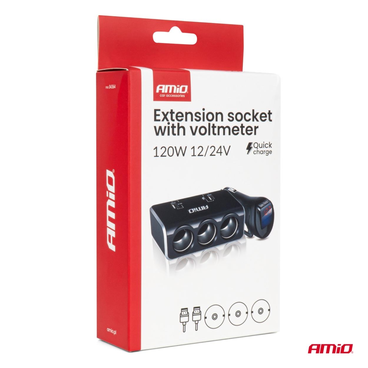 Rozdzielacz gniazda zapalniczki z ładowarką 2x USB-A QC3.0 12V 24V 120W 80cm AMIO-04364