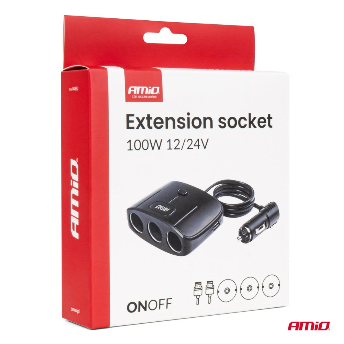 Presa accendisigari splitter con caricabatterie 2x USB-A ON/OFF 12V 24V 100W 70cm AMIO-04362