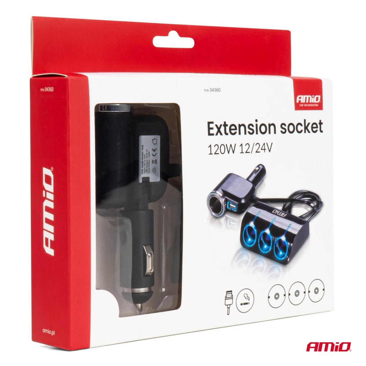 Rozdzielacz gniazda zapalniczki z ładowarką i żarnikiem 12V 24V 120W 80cm AMIO-04360