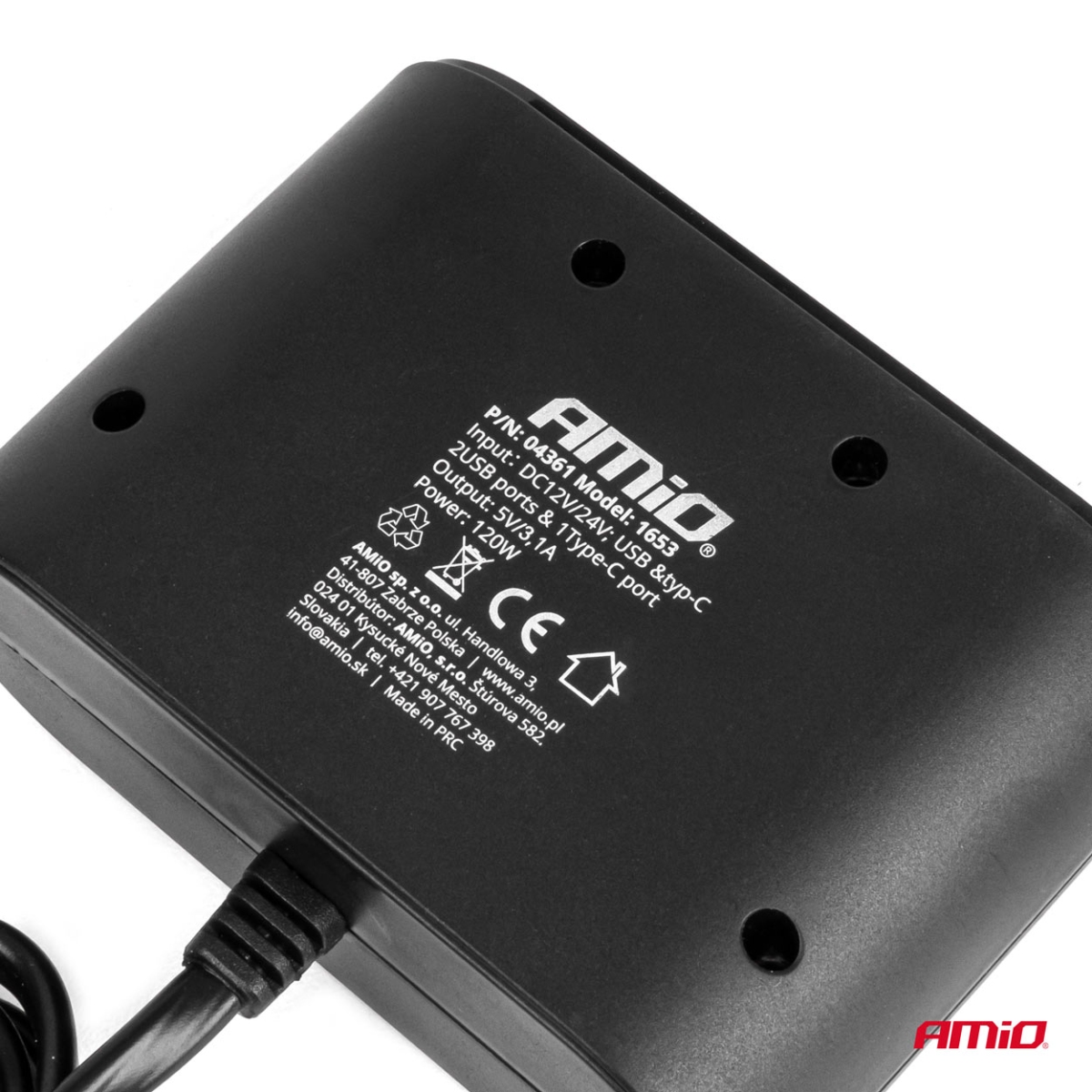 Rozdzielacz gniazda zapalniczki z ładowarką 2x USB-A 1x USB-C 12V 24V 120W 70cm AMIO-04361