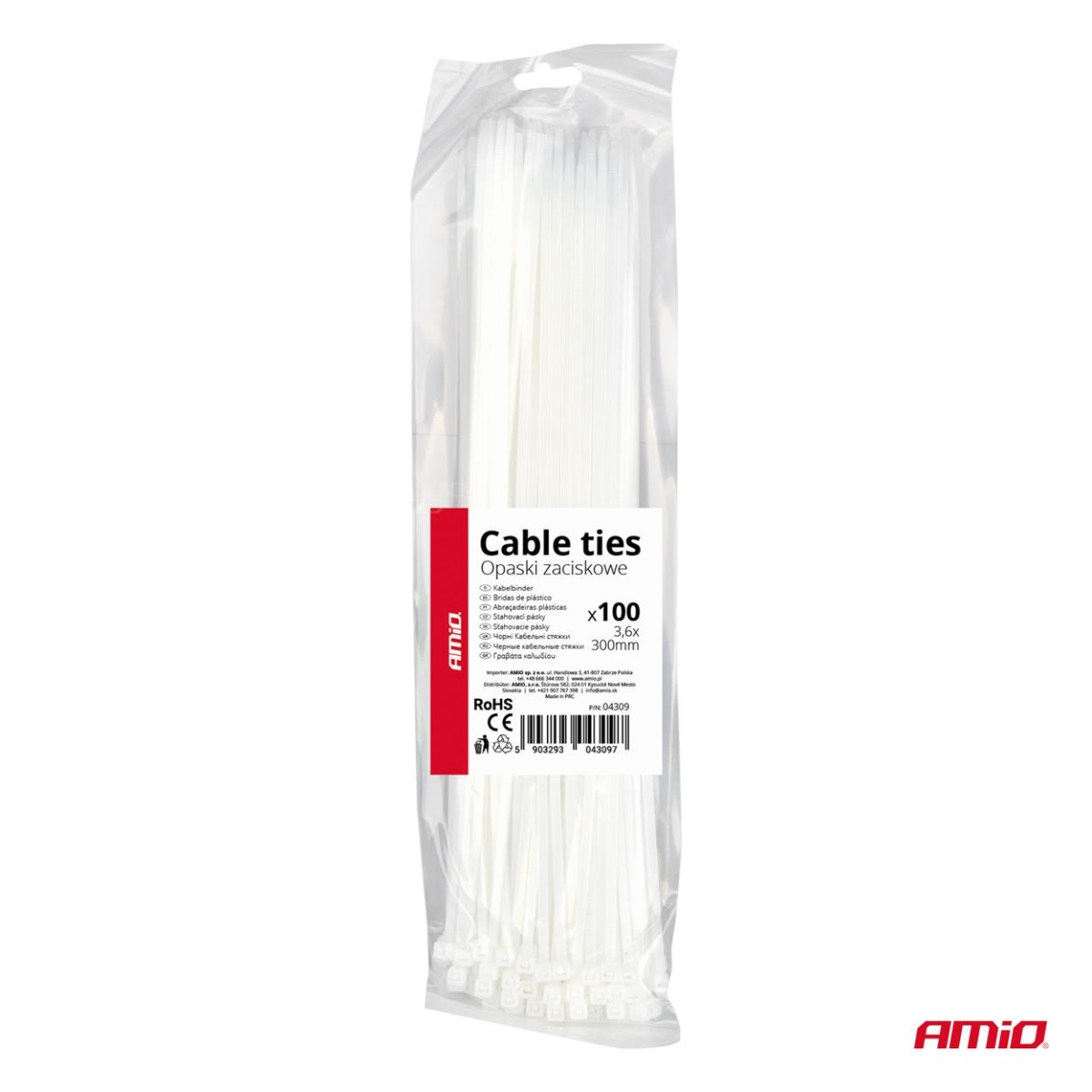 Valged kaablisidemed 3,6 × 300 mm 100 tk AMIO-04309