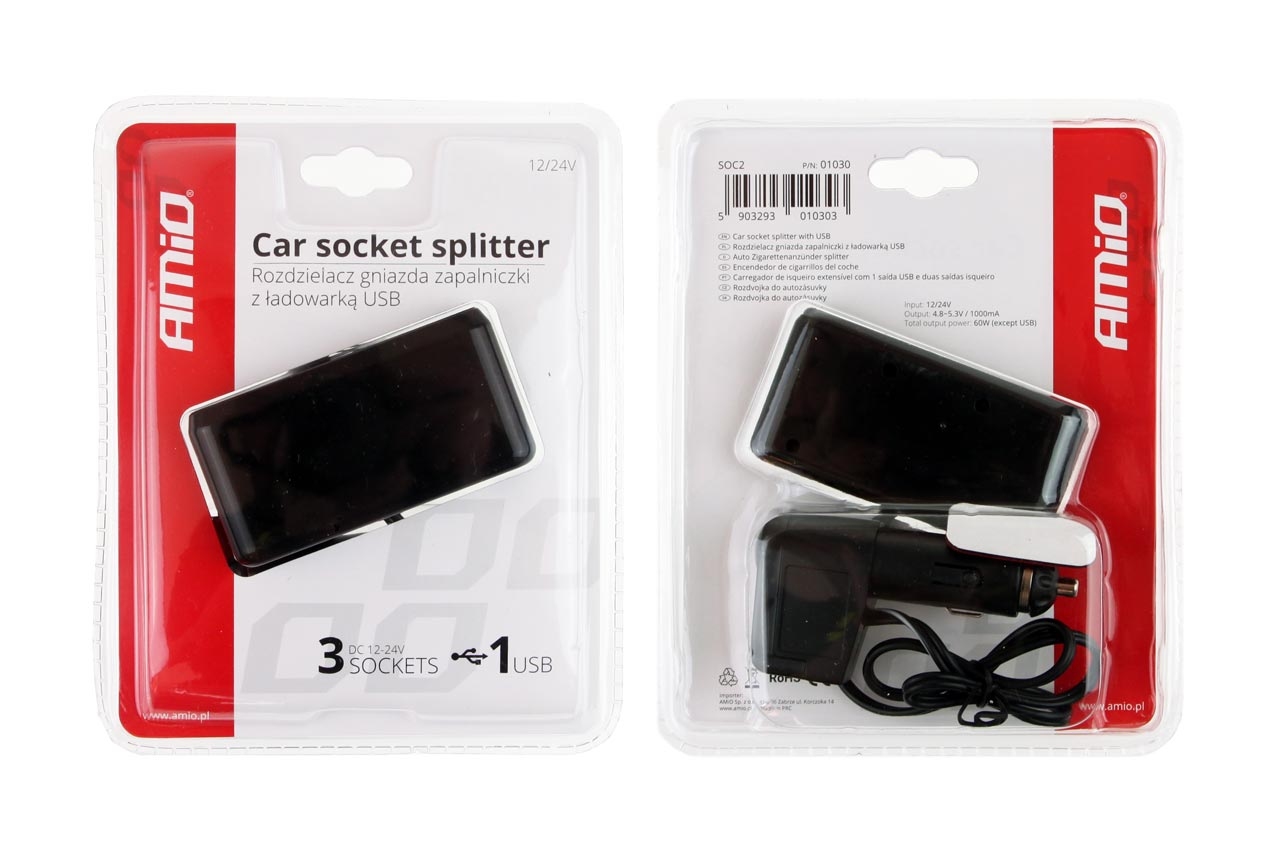Rozbočovač do zapaľovača cigariet SOC2 3+1 USB AMIO-01030