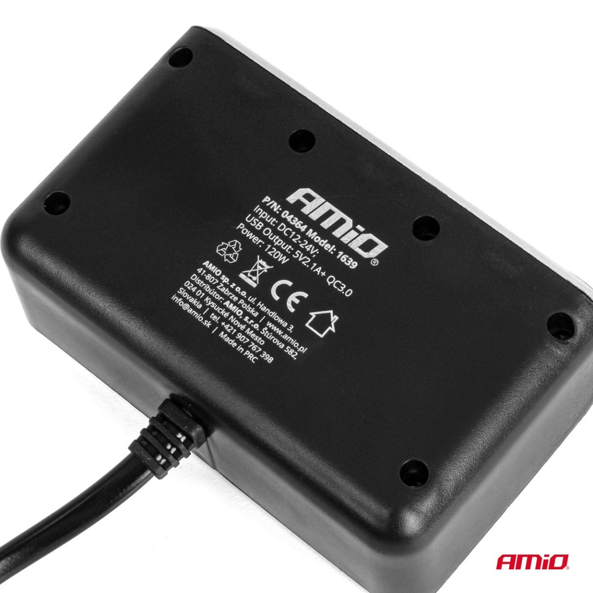 Rozdzielacz gniazda zapalniczki z ładowarką 2x USB-A QC3.0 12V 24V 120W 80cm AMIO-04364